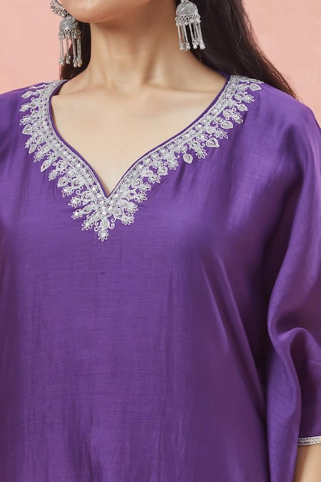 Buy_Rar Studio_Purple Chanderi Handloom Embroidery Dori Leaf Neck Bloom Kaftan Set 