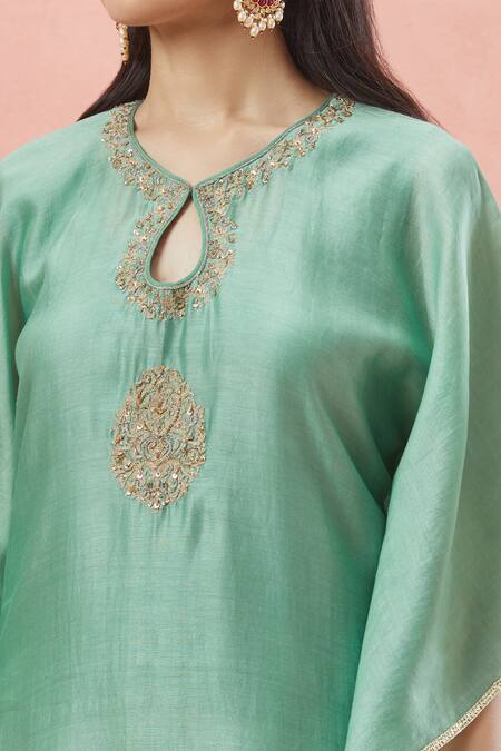 Rar Studio_Green Chanderi Handloom Embroidery Aari V Neck Mandala Bloom Kaftan Set _Online_at_Aza_Fashions