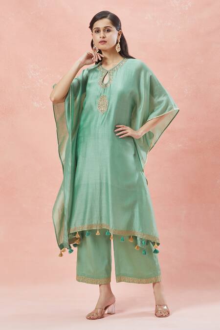 Shop_Rar Studio_Green Chanderi Handloom Embroidery Aari V Neck Mandala Bloom Kaftan Set _Online_at_Aza_Fashions