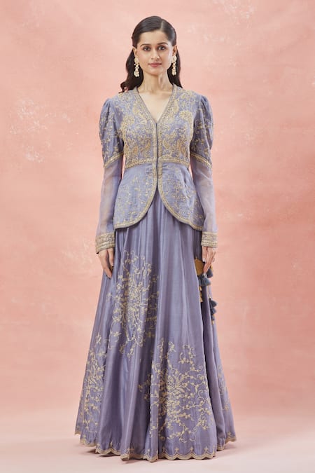 Rar Studio_Grey , Silk, Cotton, Ambrosia Dori Jacket Blouse And Lehenga Set _Online_at_Aza_Fashions