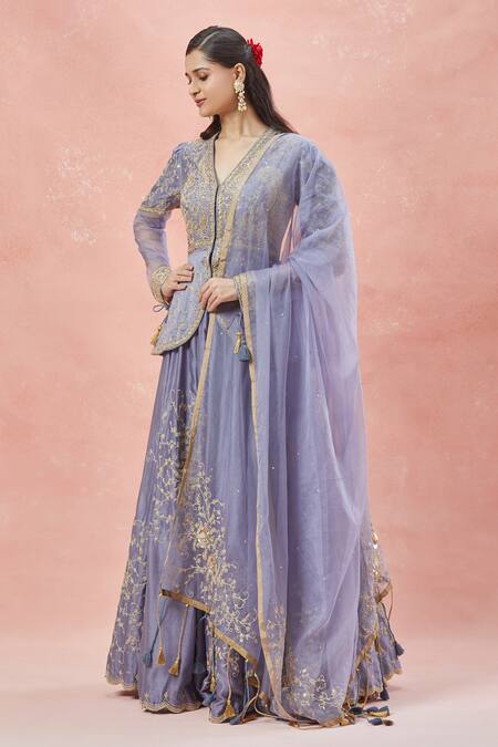 Shop_Rar Studio_Grey , Silk, Cotton, Ambrosia Dori Jacket Blouse And Lehenga Set _Online_at_Aza_Fashions
