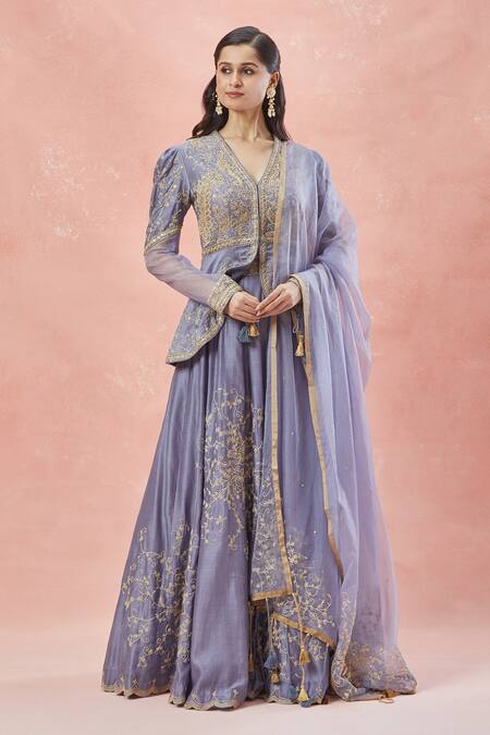 Rar Studio_Grey , Silk, Cotton, Ambrosia Dori Jacket Blouse And Lehenga Set _at_Aza_Fashions