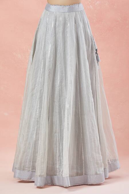 Rar Studio_Silver Chanderi, Silk, Cotton Embroidery, Tassels Striped Woven Lehenga Set _Online_at_Aza_Fashions