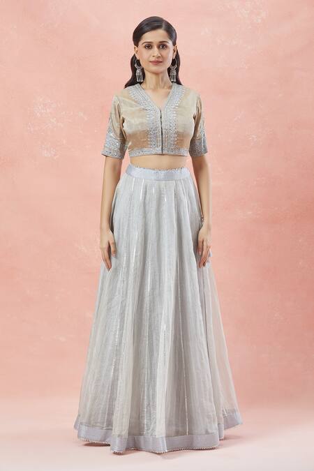 Buy_Rar Studio_Silver Chanderi, Silk, Cotton Embroidery, Tassels Striped Woven Lehenga Set _Online_at_Aza_Fashions