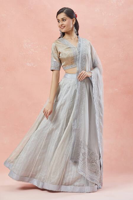 Shop_Rar Studio_Silver Chanderi, Silk, Cotton Embroidery, Tassels Striped Woven Lehenga Set _Online_at_Aza_Fashions