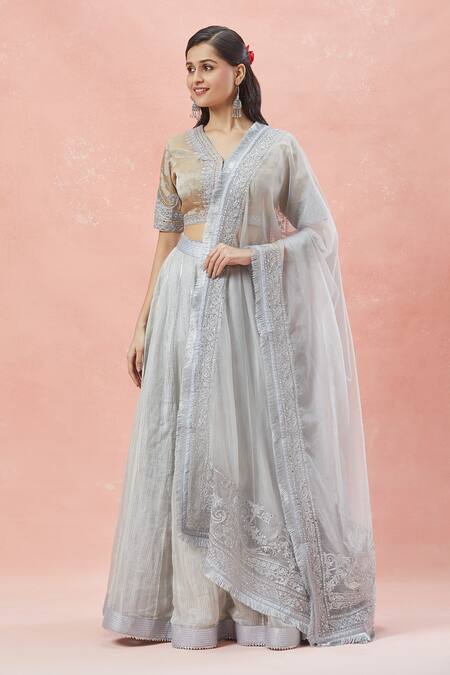 Rar Studio_Silver Chanderi, Silk, Cotton Embroidery, Tassels Striped Woven Lehenga Set _at_Aza_Fashions
