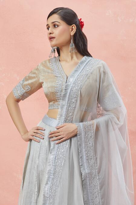 Buy_Rar Studio_Silver Chanderi, Silk, Cotton Embroidery, Tassels Striped Woven Lehenga Set 