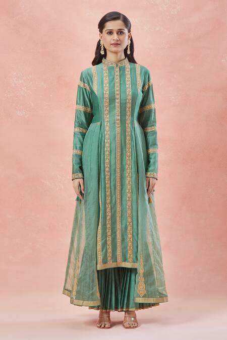 Rar Studio_Green Chanderi, Silk, Cotton, Organza Striped Bloom Vine Aari Anarkali Set _Online_at_Aza_Fashions