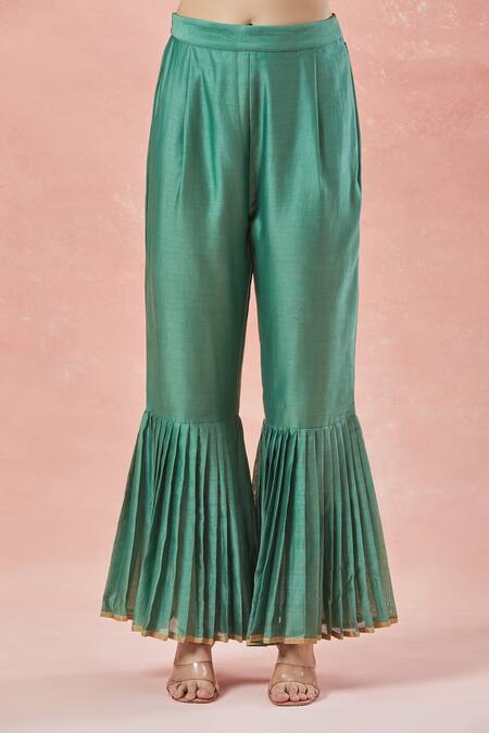 Buy_Rar Studio_Green Chanderi, Silk, Cotton, Organza Striped Bloom Vine Aari Anarkali Set _Online_at_Aza_Fashions