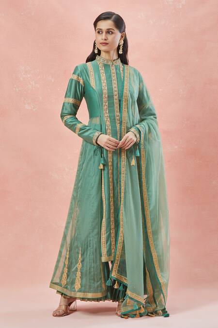 Shop_Rar Studio_Green Chanderi, Silk, Cotton, Organza Striped Bloom Vine Aari Anarkali Set _Online_at_Aza_Fashions