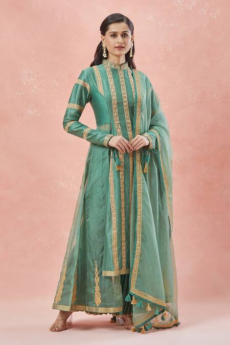 Rar Studio_Green Chanderi, Silk, Cotton, Organza Striped Bloom Vine Aari Anarkali Set _at_Aza_Fashions
