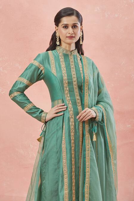 Buy_Rar Studio_Green Chanderi, Silk, Cotton, Organza Striped Bloom Vine Aari Anarkali Set 