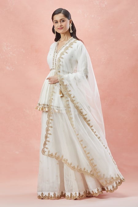 Buy_Rar Studio_Ivory Chanderi, Silk, Cotton Ornate Bloom Aari Peplum Kurti Gharara Set _Online_at_Aza_Fashions