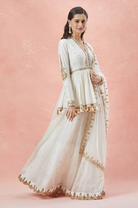 Shop_Rar Studio_Ivory Chanderi, Silk, Cotton Ornate Bloom Aari Peplum Kurti Gharara Set _Online_at_Aza_Fashions