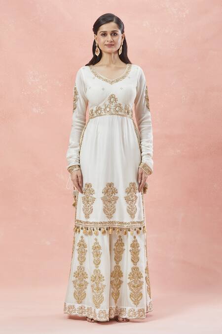 Rar Studio_Ivory Chanderi, Silk, Cotton Tassels, Embroidery Bahara Dori Kurta Sharara Set _Online_at_Aza_Fashions