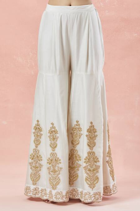 Buy_Rar Studio_Ivory Chanderi, Silk, Cotton Tassels, Embroidery Bahara Dori Kurta Sharara Set _Online_at_Aza_Fashions