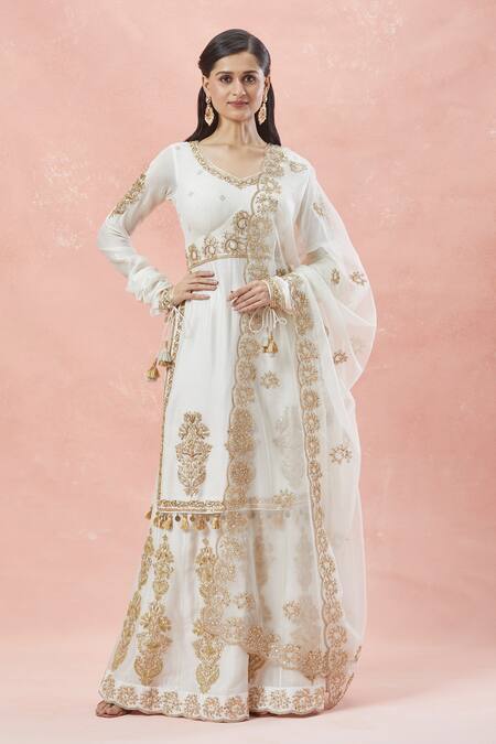 Rar Studio_Ivory Chanderi, Silk, Cotton Tassels, Embroidery Bahara Dori Kurta Sharara Set _at_Aza_Fashions