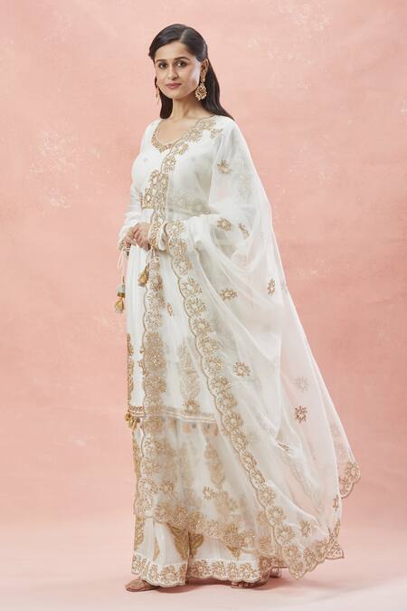 Buy_Rar Studio_Ivory Chanderi, Silk, Cotton Tassels, Embroidery Bahara Dori Kurta Sharara Set 