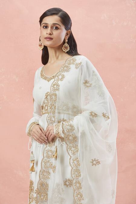 Shop_Rar Studio_Ivory Chanderi, Silk, Cotton Tassels, Embroidery Bahara Dori Kurta Sharara Set 