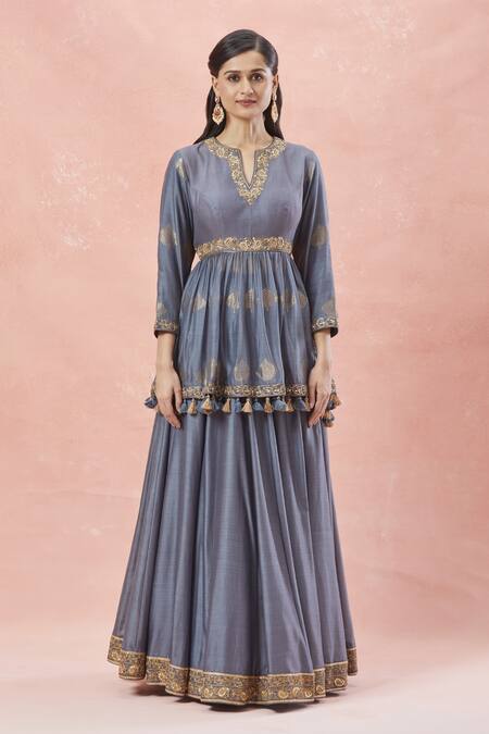 Rar Studio Grey Chanderi, Silk, Cotton Paan Patta Dori Peplum Kurti And Lehenga Set Online at Aza Fashions Rar Studio_Grey Chanderi, Silk, Cotton Paan Patta Dori Peplum Kurti And Lehenga Set _Online_at_Aza_Fashions