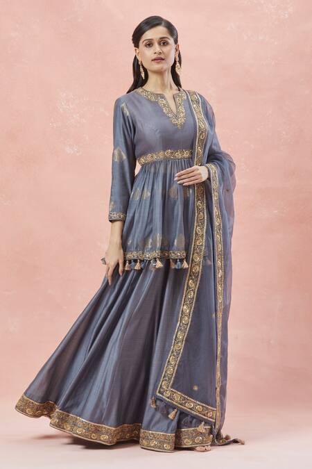 Rar Studio Grey Chanderi, Silk, Cotton Paan Patta Dori Peplum Kurti And Lehenga Set at Aza Fashions Rar Studio_Grey Chanderi, Silk, Cotton Paan Patta Dori Peplum Kurti And Lehenga Set _at_Aza_Fashions