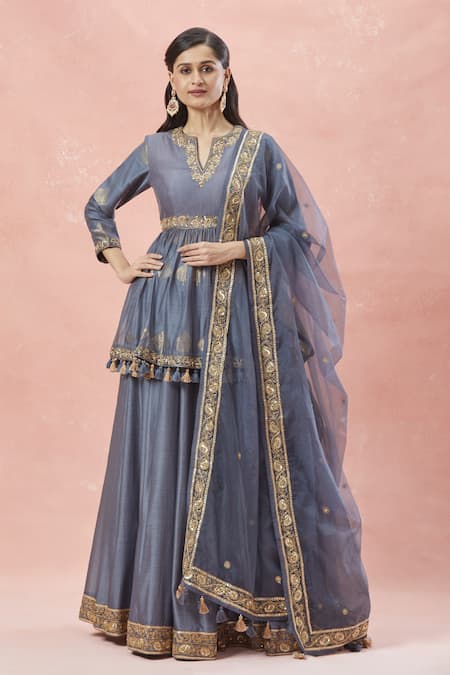 Buy Rar Studio Grey Chanderi, Silk, Cotton Paan Patta Dori Peplum Kurti And Lehenga Set Buy_Rar Studio_Grey Chanderi, Silk, Cotton Paan Patta Dori Peplum Kurti And Lehenga Set