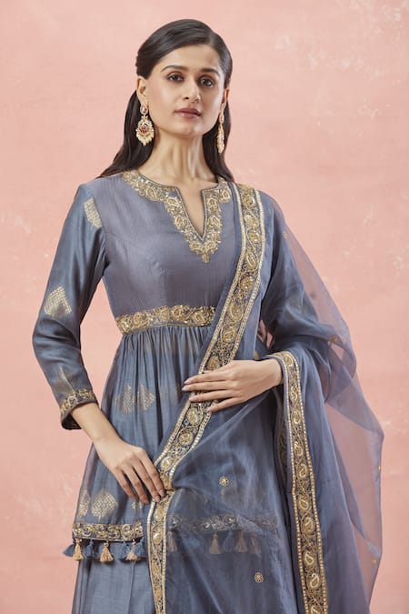 Shop Rar Studio Grey Chanderi, Silk, Cotton Paan Patta Dori Peplum Kurti And Lehenga Set Shop_Rar Studio_Grey Chanderi, Silk, Cotton Paan Patta Dori Peplum Kurti And Lehenga Set