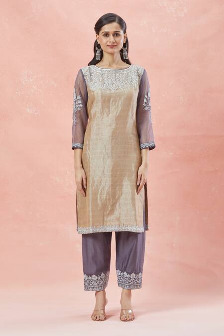 Rar Studio_Gold Silk, Silk, Cotton, Petal Bloom Aari Kurta Pant Set _Online_at_Aza_Fashions