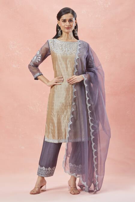 Shop_Rar Studio_Gold Silk, Silk, Cotton, Petal Bloom Aari Kurta Pant Set _Online_at_Aza_Fashions