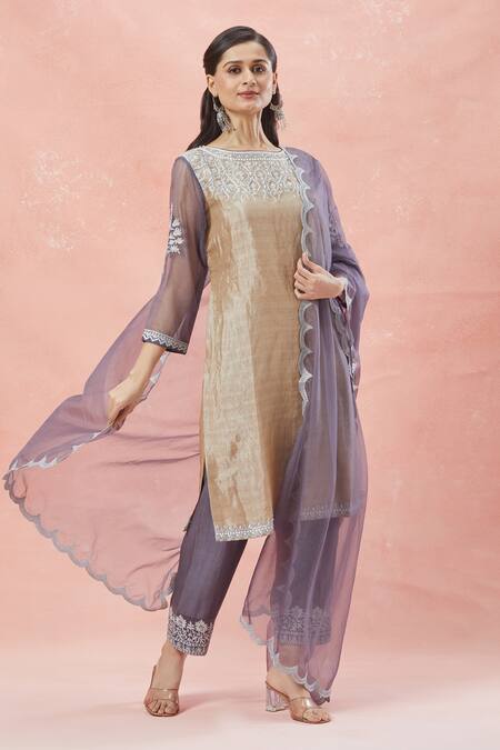 Rar Studio_Gold Silk, Silk, Cotton, Petal Bloom Aari Kurta Pant Set _at_Aza_Fashions
