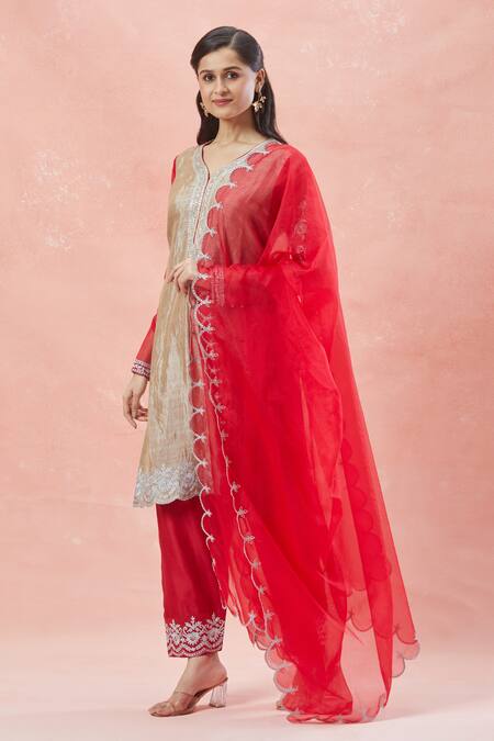 Rar Studio_Gold Silk, Silk, Cotton, Petal Bloom Vine Aari Kurta Pant Set _at_Aza_Fashions