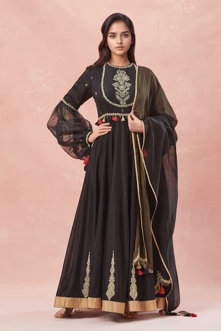 Rar Studio Black Chanderi Handloom Embroidery Dori High Bloom Crest Yoke Anarkali Set 