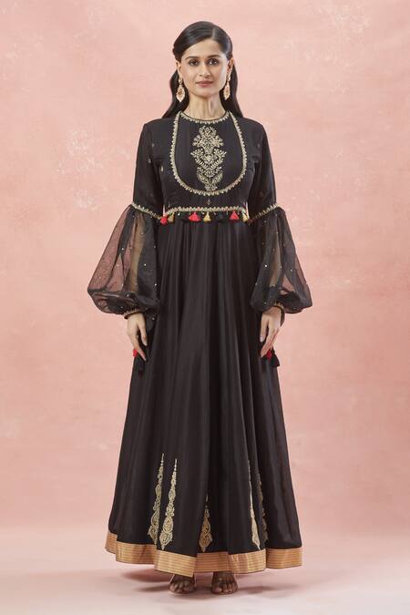 Rar Studio_Black Chanderi, Silk, Cotton Tassels Bloom Crest Yoke Embroidered Anarkali Set _Online_at_Aza_Fashions