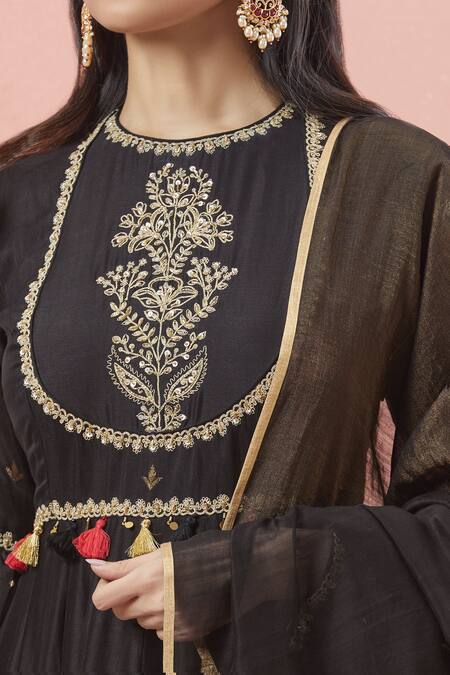 Buy_Rar Studio_Black Chanderi, Silk, Cotton Tassels Bloom Crest Yoke Embroidered Anarkali Set _Online_at_Aza_Fashions