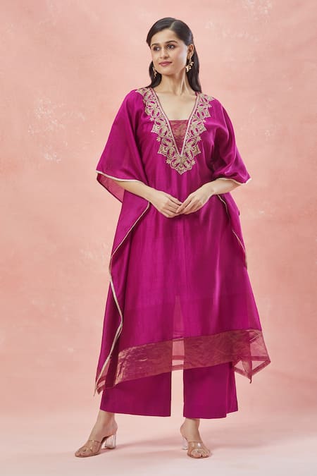 Rar Studio_Pink Chanderi Handloom Embroidery Aari V Neck Phool Kaftan Pant Set _at_Aza_Fashions