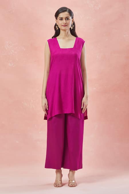 Buy_Rar Studio_Pink Chanderi Handloom Embroidery Aari V Neck Phool Kaftan Pant Set 