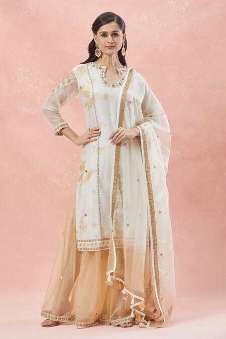 Rar Studio_Ivory Chanderi, Silk, Cotton Sequins, Fiore Tie Dye Kurta And Sharara Set _Online_at_Aza_Fashions