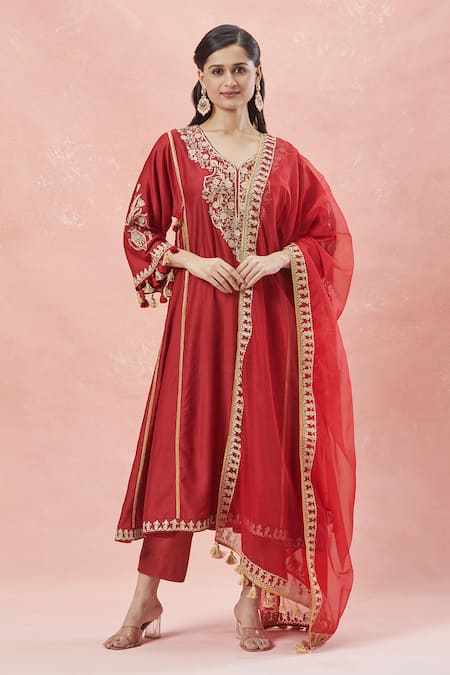 Buy_Rar Studio_Red , Silk, , Bloom Garden Aari Anarkali Set _Online_at_Aza_Fashions