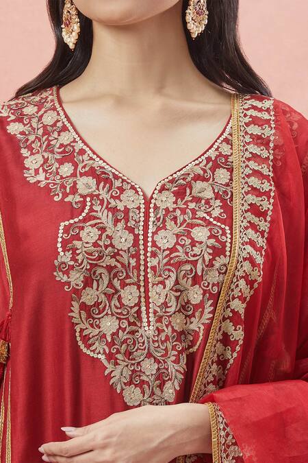 Buy_Rar Studio_Red , Silk, , Bloom Garden Aari Anarkali Set 