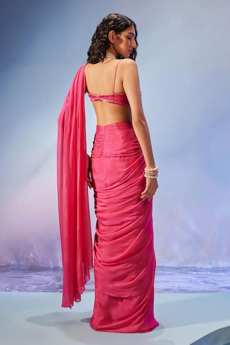 Shop Mukta Sabharwal Pink Georgette Embroidery Sweetheart Neck Pre-draped Saree With Hand Blouse at Aza Fashions Shop_Mukta Sabharwal_Pink Georgette Embroidery Sweetheart Neck Pre-draped Saree With Hand Blouse _at_Aza_Fashions