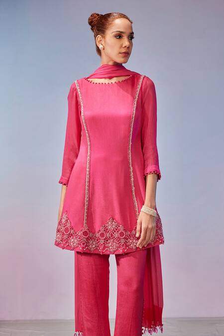 Mukta Sabharwal_Pink Georgette Beads, Stones Round Neck Hand Embroidered Kurta Pant Set _Online_at_Aza_Fashions