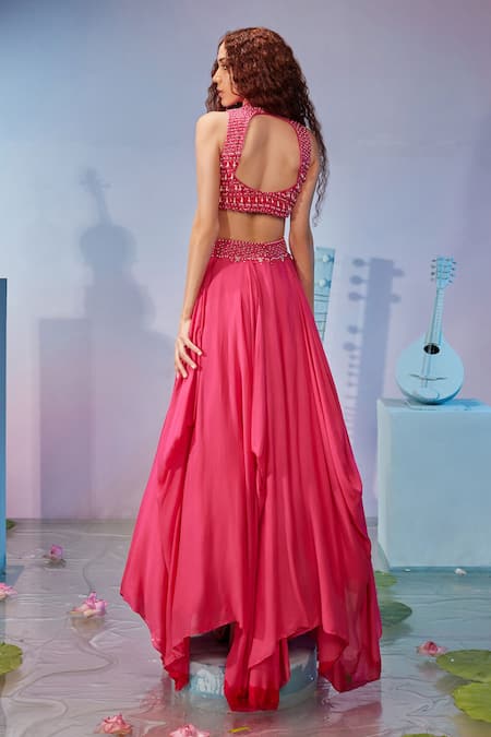 Shop_Mukta Sabharwal_Pink Net, Georgette Beads, Geometric Hand Embroidered Jacket Blouse Lehenga Set _at_Aza_Fashions