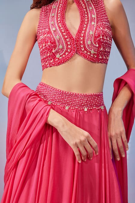 Buy_Mukta Sabharwal_Pink Net, Georgette Beads, Geometric Hand Embroidered Jacket Blouse Lehenga Set _Online_at_Aza_Fashions