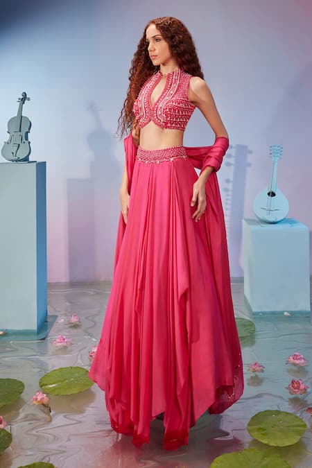 Shop_Mukta Sabharwal_Pink Net, Georgette Beads, Geometric Hand Embroidered Jacket Blouse Lehenga Set _Online_at_Aza_Fashions