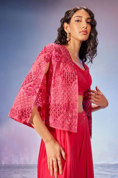 Mukta Sabharwal_Pink Georgette Beads, Embroidery Open Neck, Round Floral Jacket And Sharara Set _Online_at_Aza_Fashions