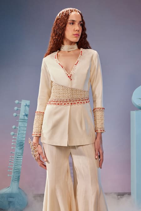 Mukta Sabharwal_Ivory Chanderi Silk Beads, Crystals Hand Embroidered Blazer With Pant _Online_at_Aza_Fashions