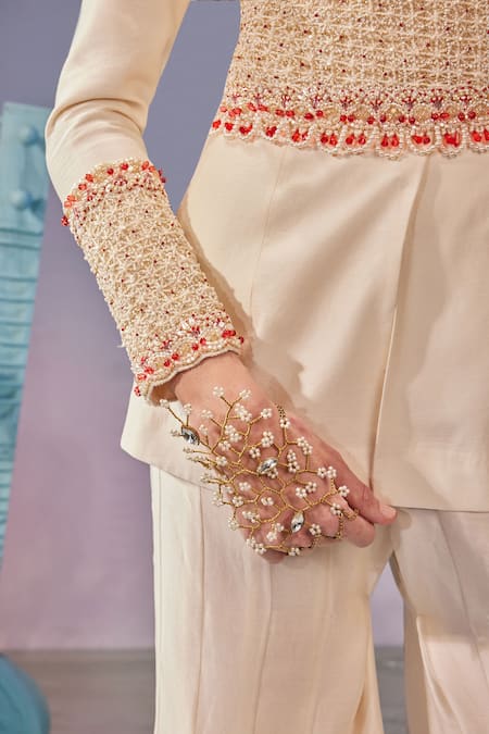 Buy_Mukta Sabharwal_Ivory Chanderi Silk Beads, Crystals Hand Embroidered Blazer With Pant _Online_at_Aza_Fashions