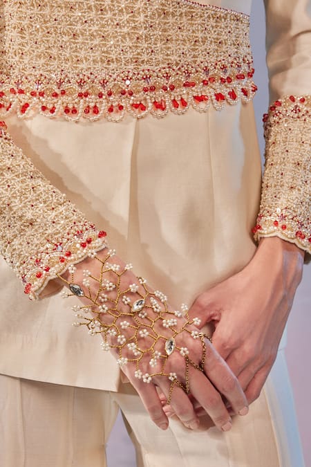 Shop_Mukta Sabharwal_Ivory Chanderi Silk Beads, Crystals Hand Embroidered Blazer With Pant _Online_at_Aza_Fashions