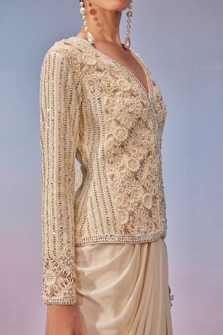 Mukta Sabharwal_Ivory Georgette Beads, Crystals, Pearls, Embroidery Hand Jacket With Skirt _Online_at_Aza_Fashions