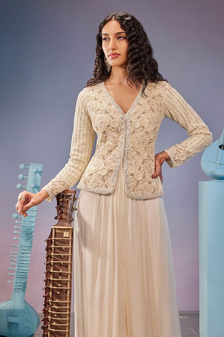 Mukta Sabharwal_Ivory Georgette Beads, Crystals, Pearls Hand Embroidered Jacket With Lehenga _Online_at_Aza_Fashions